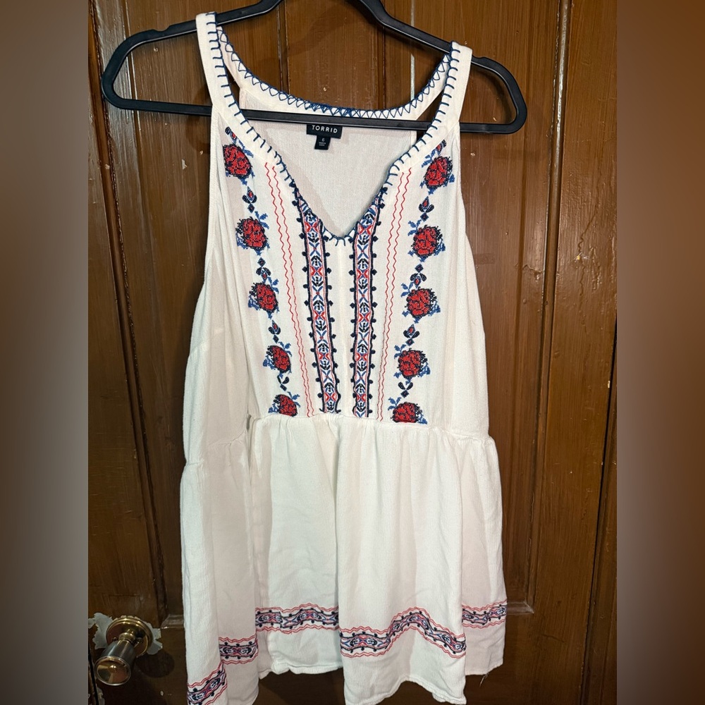 Torrid White Sleeveless Blouse with Red and Blue Embroidery